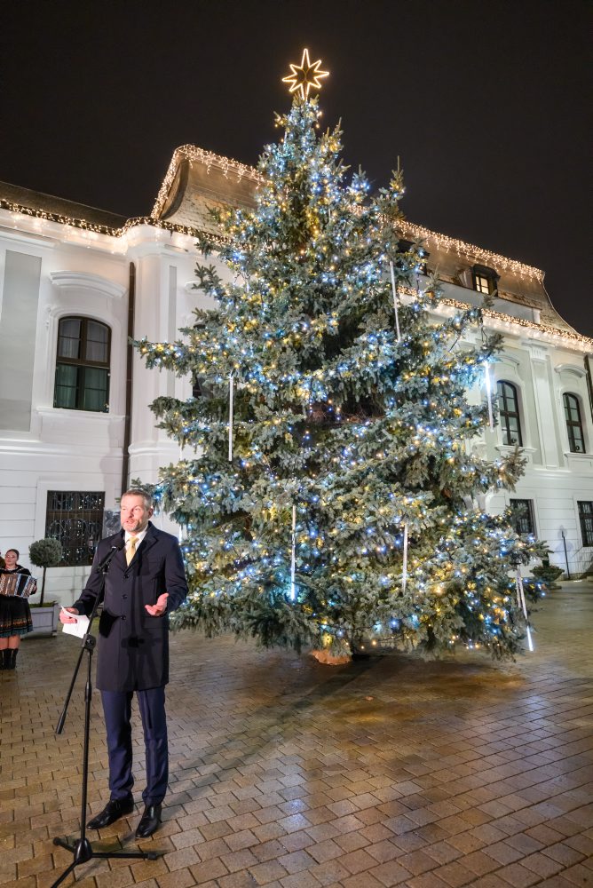 Prezident SR Peter Pellegrini rozsvietil vianočný stromček pred Prezidentským palácom v Bratislave 