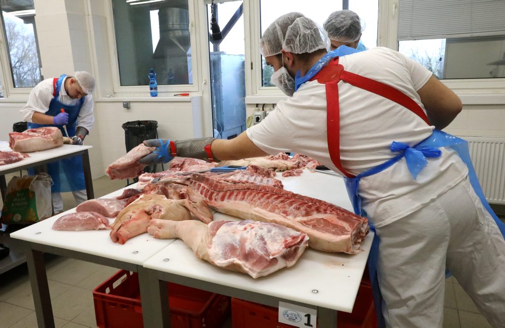 Študenti mäsiari súťažili v Rimavskej Sobote v delení bravčových polovíc i výrobe klobás