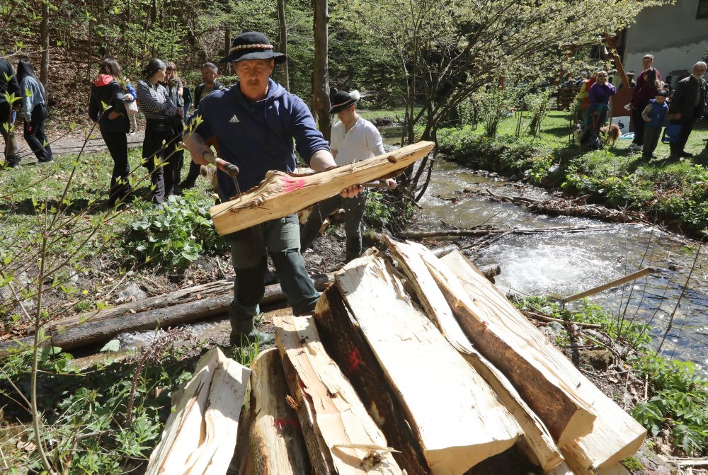 Plavenie dreva v drevenom vodnom žľabe v Rakytove pri Dolnom Harmanci 