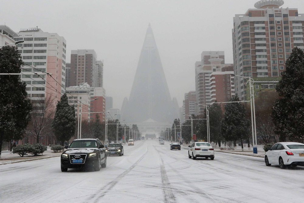 Sneženie v severokórejskom Pchjongjangu 