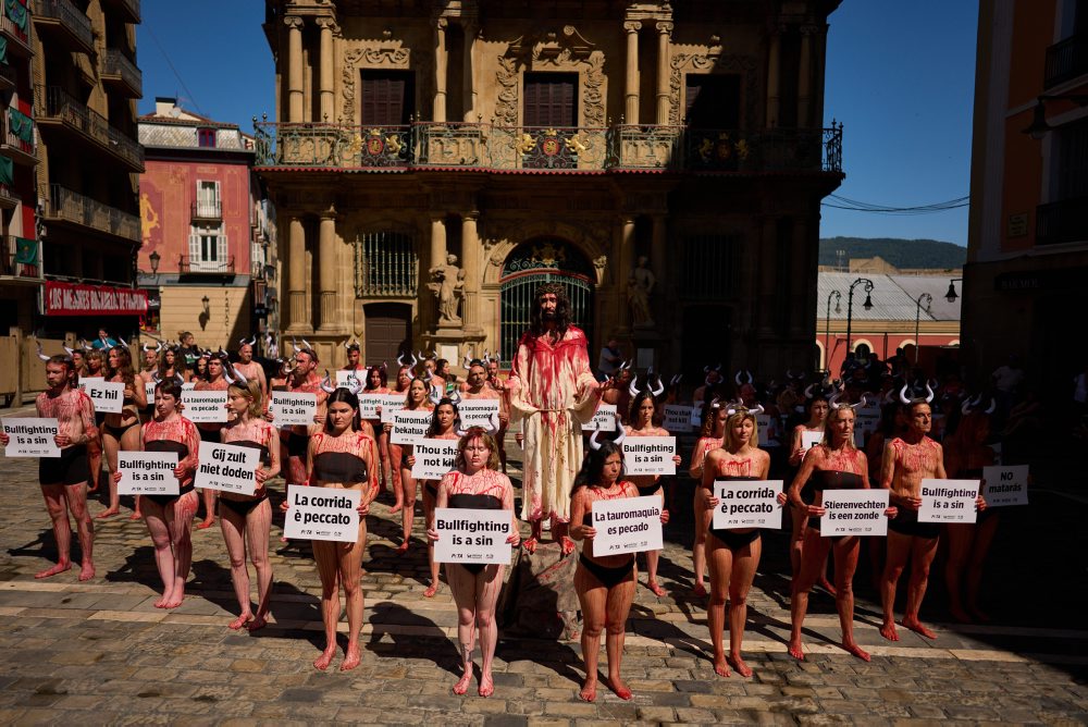 Protest proti týraniu zvierat pred začiatkom osláv sv. Firmína 