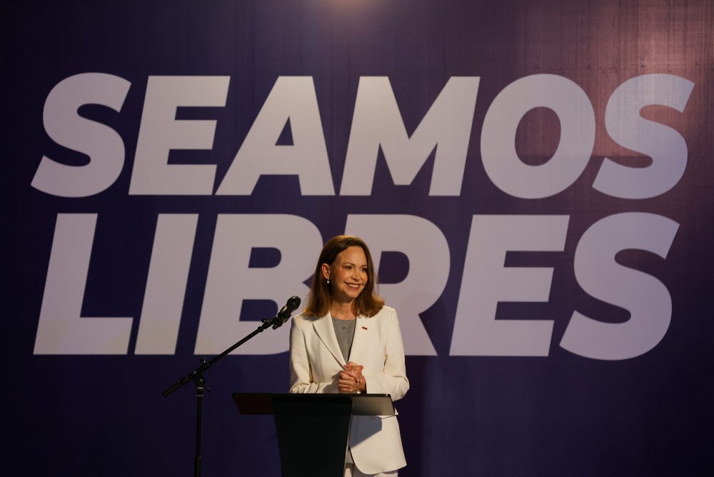 Tlačová konferencia líderky venezuelskej opozície a laureátky Nobelovej ceny za mier Maríe Coriny Machadovej