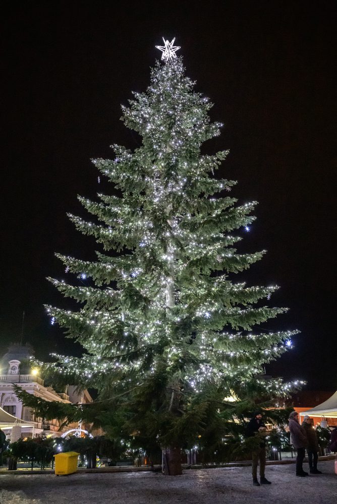 Rozsvietený vianočný strom na Svätoplukovom námestí v Nitre