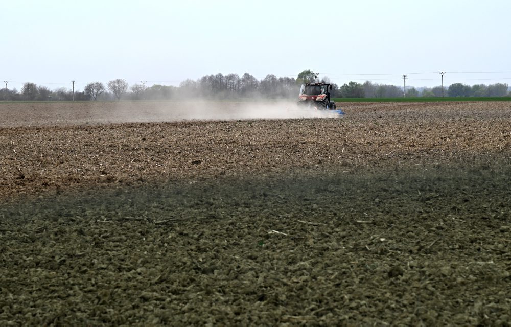 Jarná príprava pôdy na poli pri obci Pavlovce 